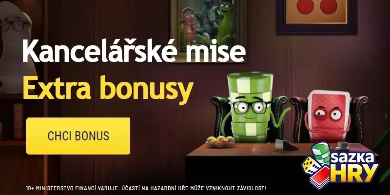 Kancelářské mise od Radioservis Hry s extra bonusy pro hráče Postavy karty a žetonu sedí v kanceláři a propagují kancelářské mise s extra bonusy v Radioservis Hry